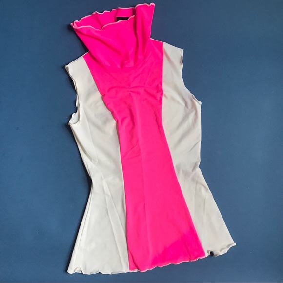 SOLD Vtg 90s neon pink white dayglo colorblock tank top - Picture 6 of 8